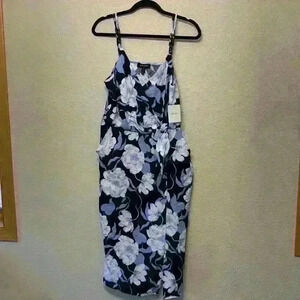 Ellen Tracy floral linen dress sz L neutral wedding guest midi Beachy vacation